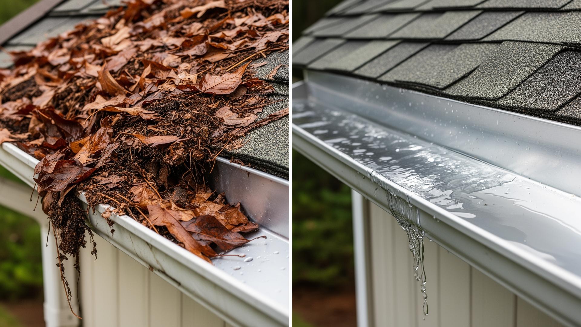 Before and after gutter cleaning comparison